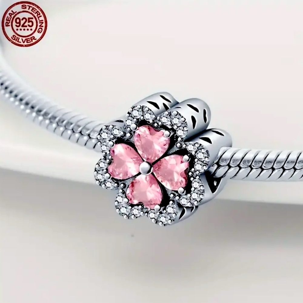 925 sterling silver pink crystal flower charm NWT